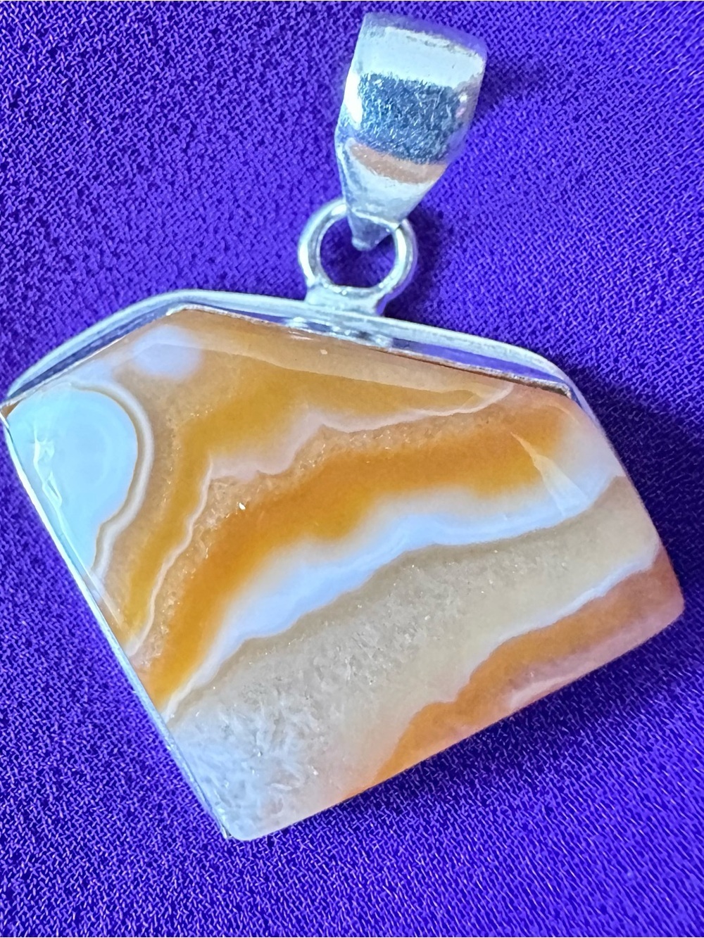 Artisan Handcrafted Orange and White Banded ORKA Agate Pendant in Silver